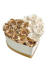 Load image into Gallery viewer, White and Gold Preserved Roses In A Heart Shaped Box
