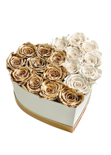 Load image into Gallery viewer, White and Gold Preserved Roses In A Heart Shaped Box