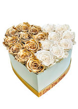 Load image into Gallery viewer, White and Gold Preserved Roses In A Heart Shaped Box