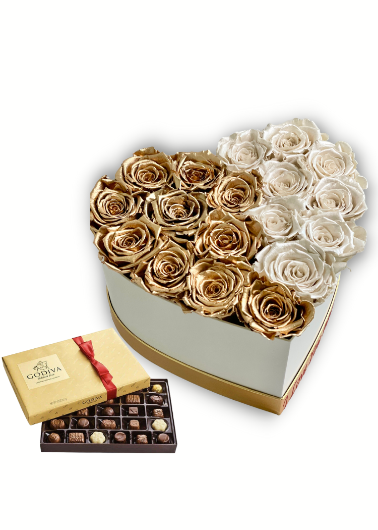 White and Gold Preserved Roses In A Heart Shaped Box