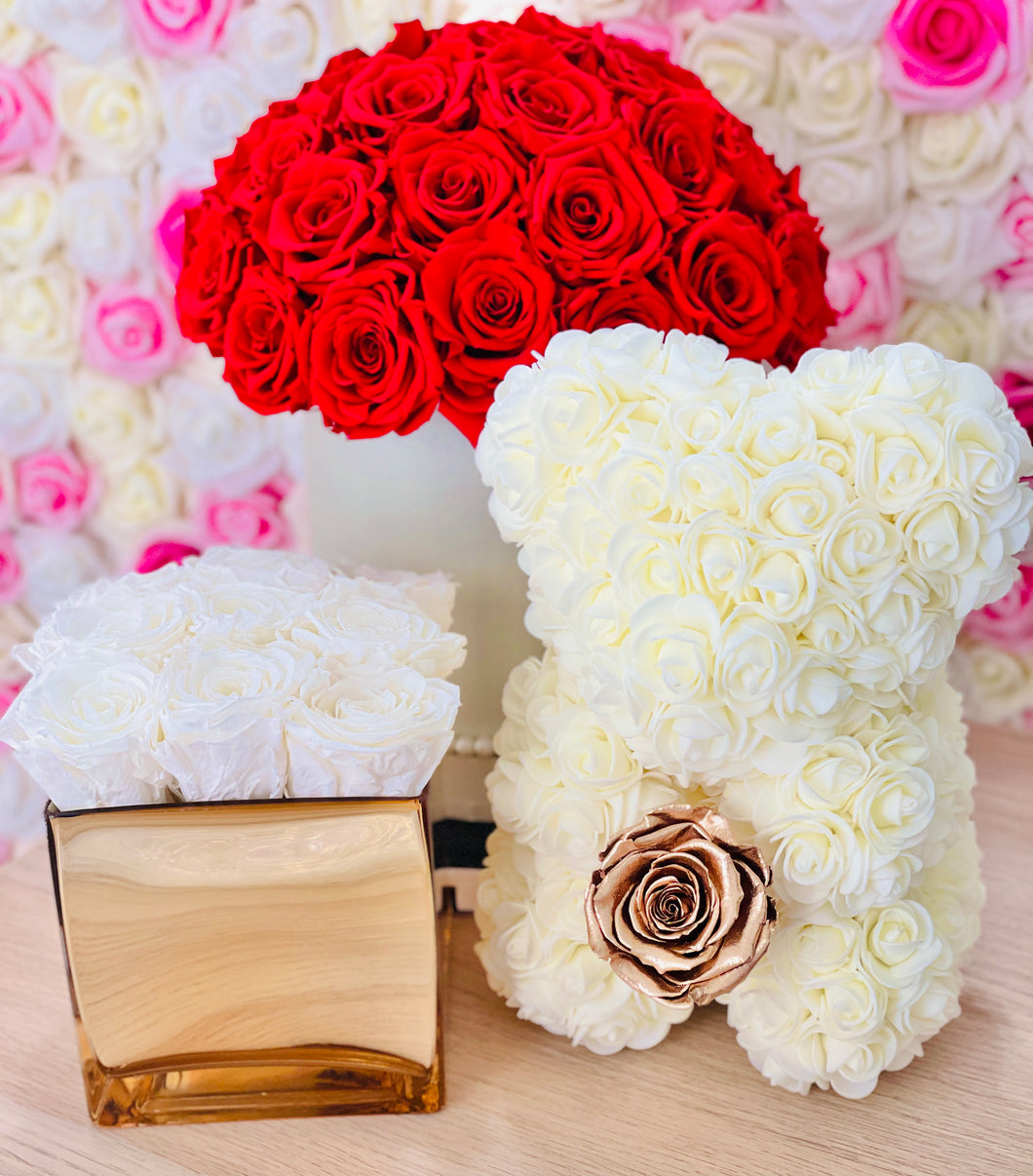 Glass Preserved Flower Vase & Rose Bear With Real Eternity Rose
