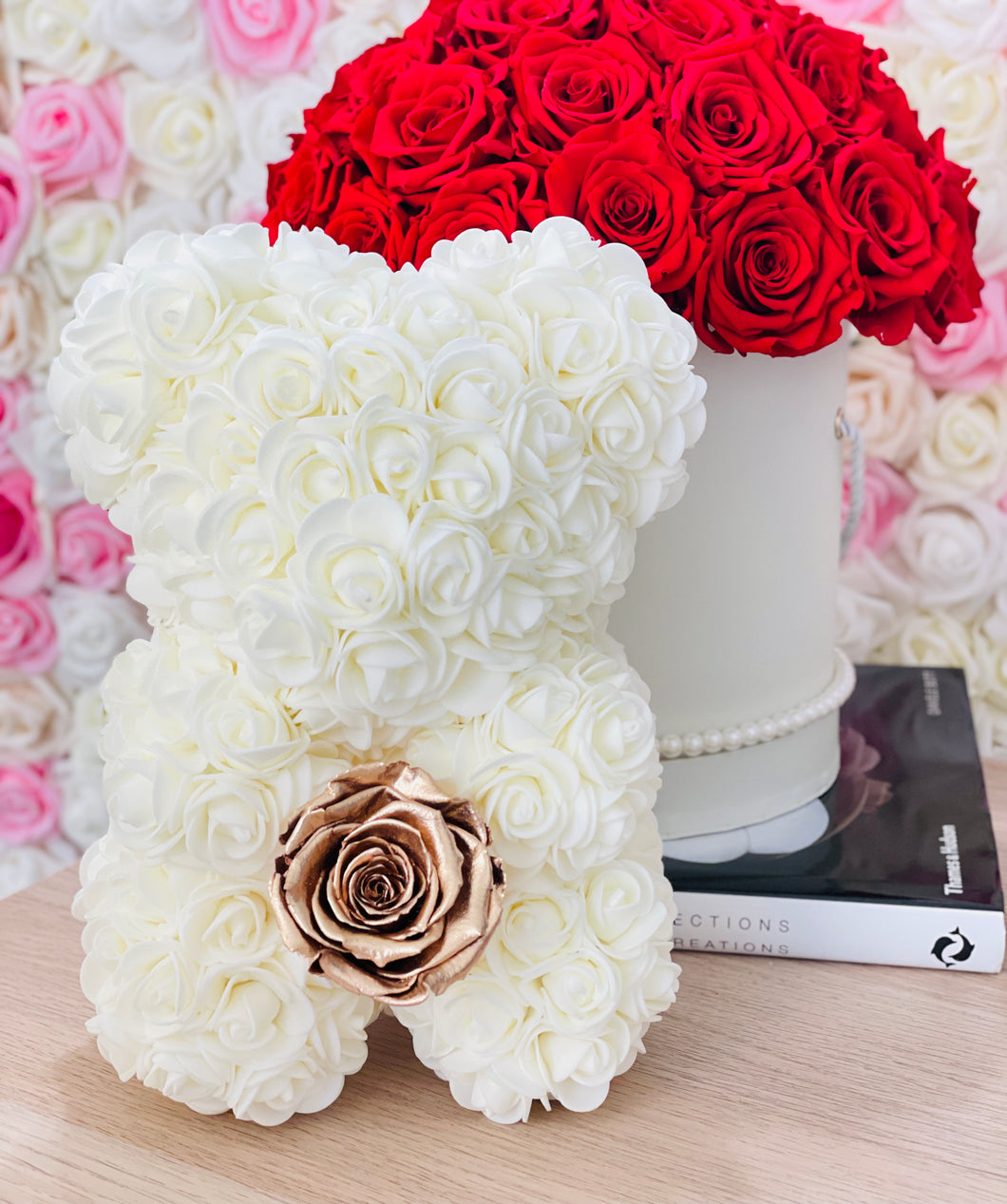Ivory Rose Bear With Gold Eternity rose