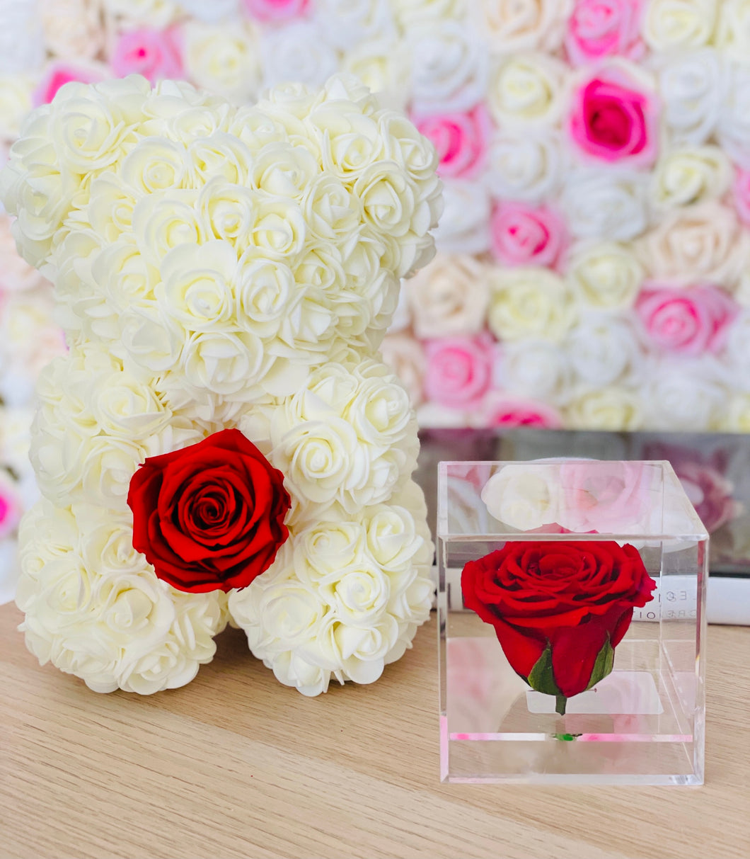rose bear and rose in acrylic box