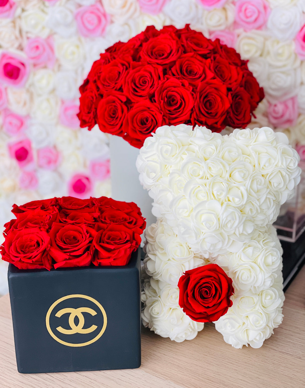 Ceramic Preserved Flower Vase & Rose Bear With Real Eternity Rose