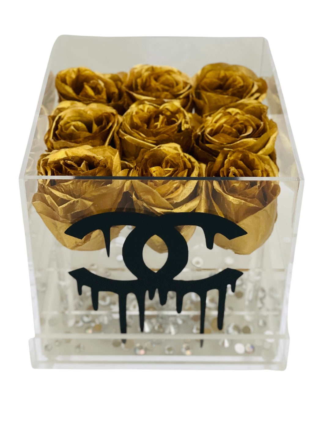 Acrylic Flower Box with Gold Roses