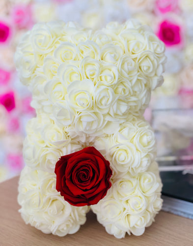 ivory rose bear with eternity red rose